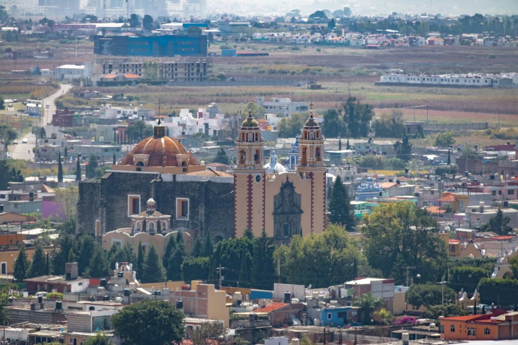 Aerial view of Parroquia de San Andres Apostol - Cholula, Puebla, Mexico