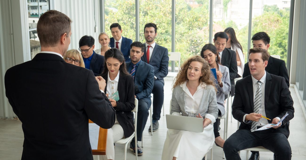 Group of people in Business corporate Event training seminar, the congratulation success of the organization. The conferences event or training education. Business workplace management and development performance.